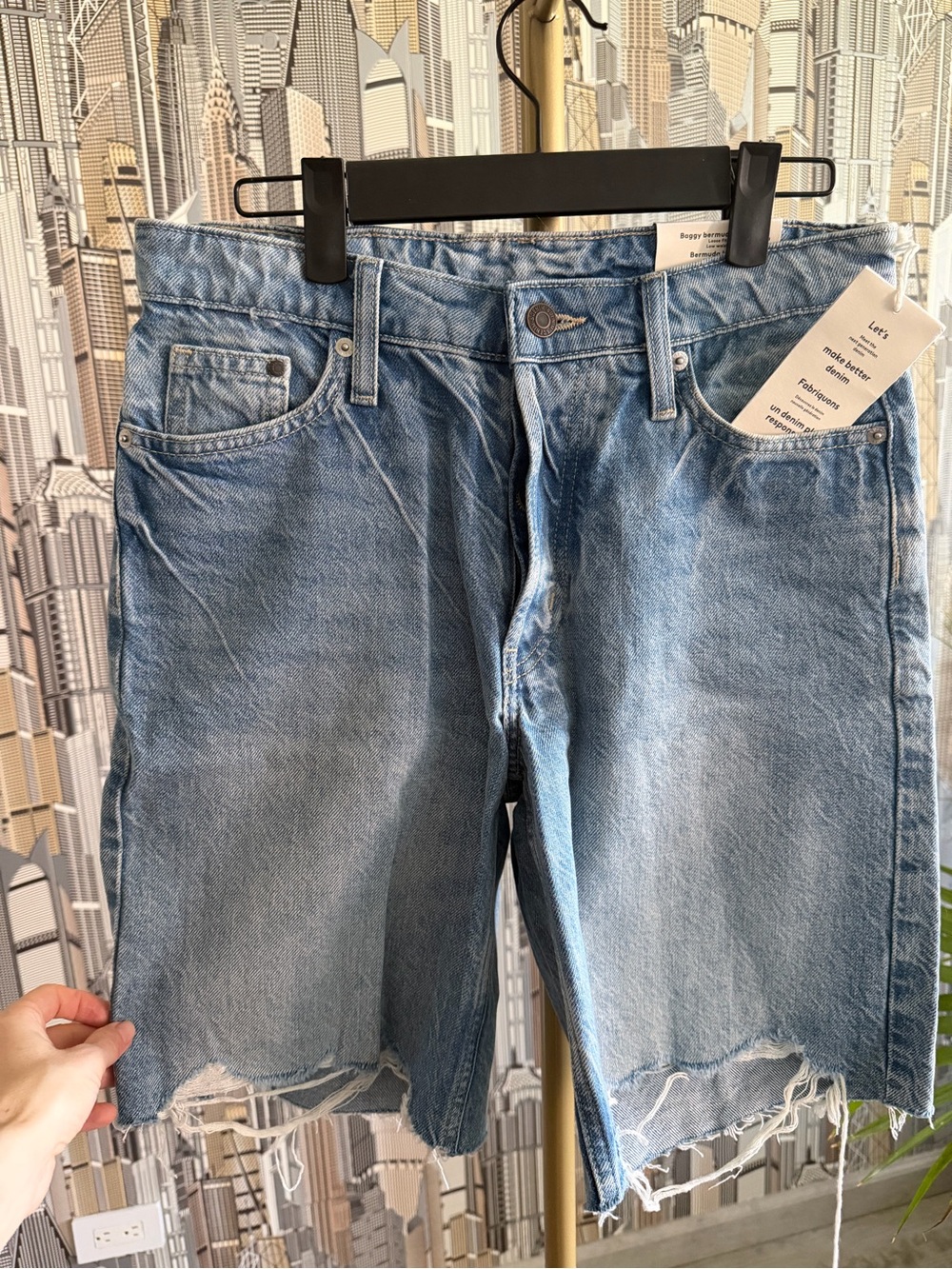 H&M Light Blue Distressed Denim Bermuda Shorts
